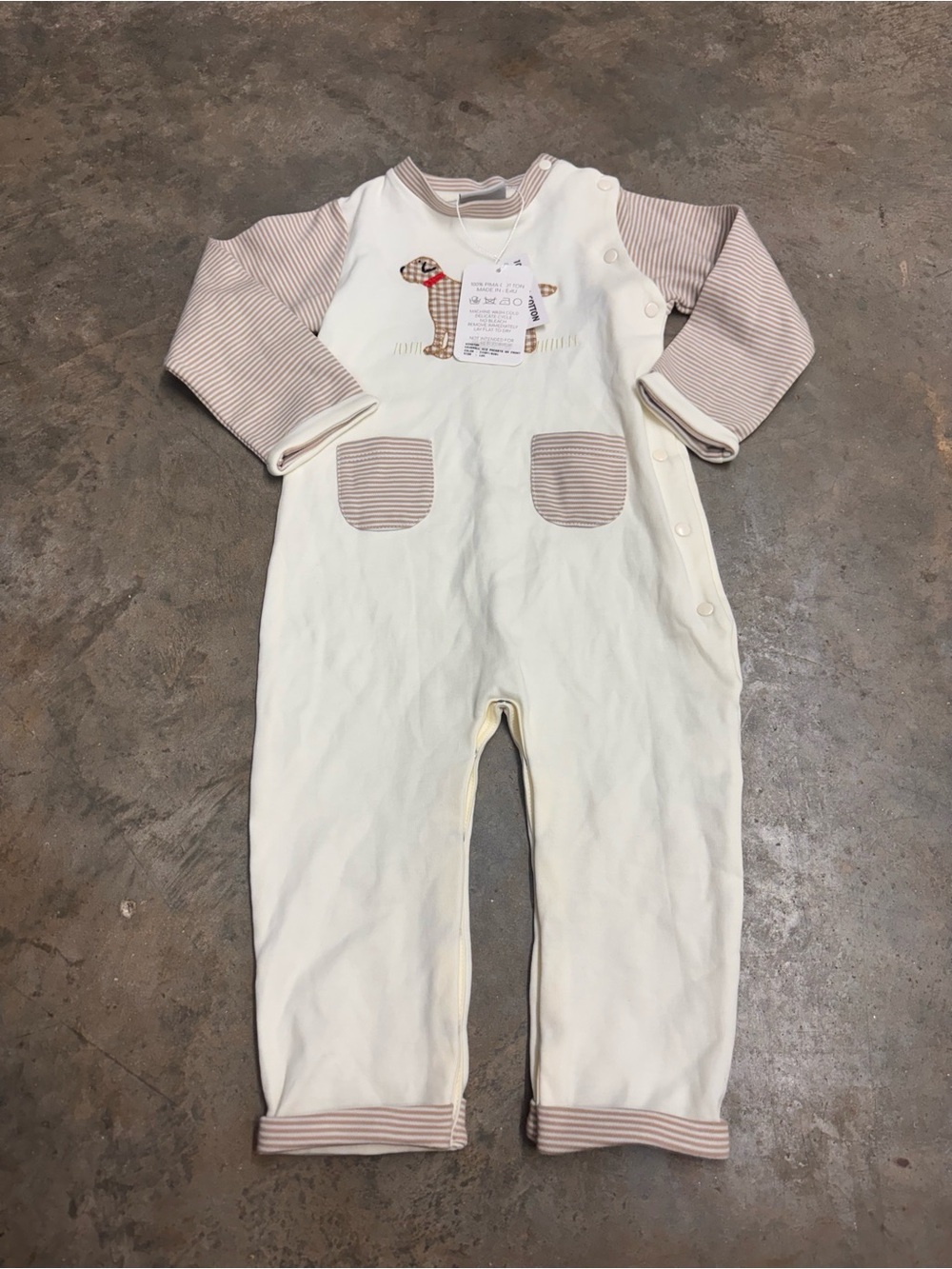 NWT Squiggles by Charlie Winston Coverall 12M Pima Cotton Puppy Gingham Romper
